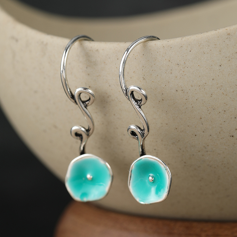 Women's Vintage Lake Blue Enamel Earrings, Fresh Forest Style